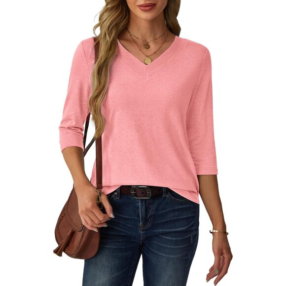 Women's Rayon Polyester Spandex V-Neck 3/4 Sleeve Casual Loose Fit Top - Picture 4 of 4